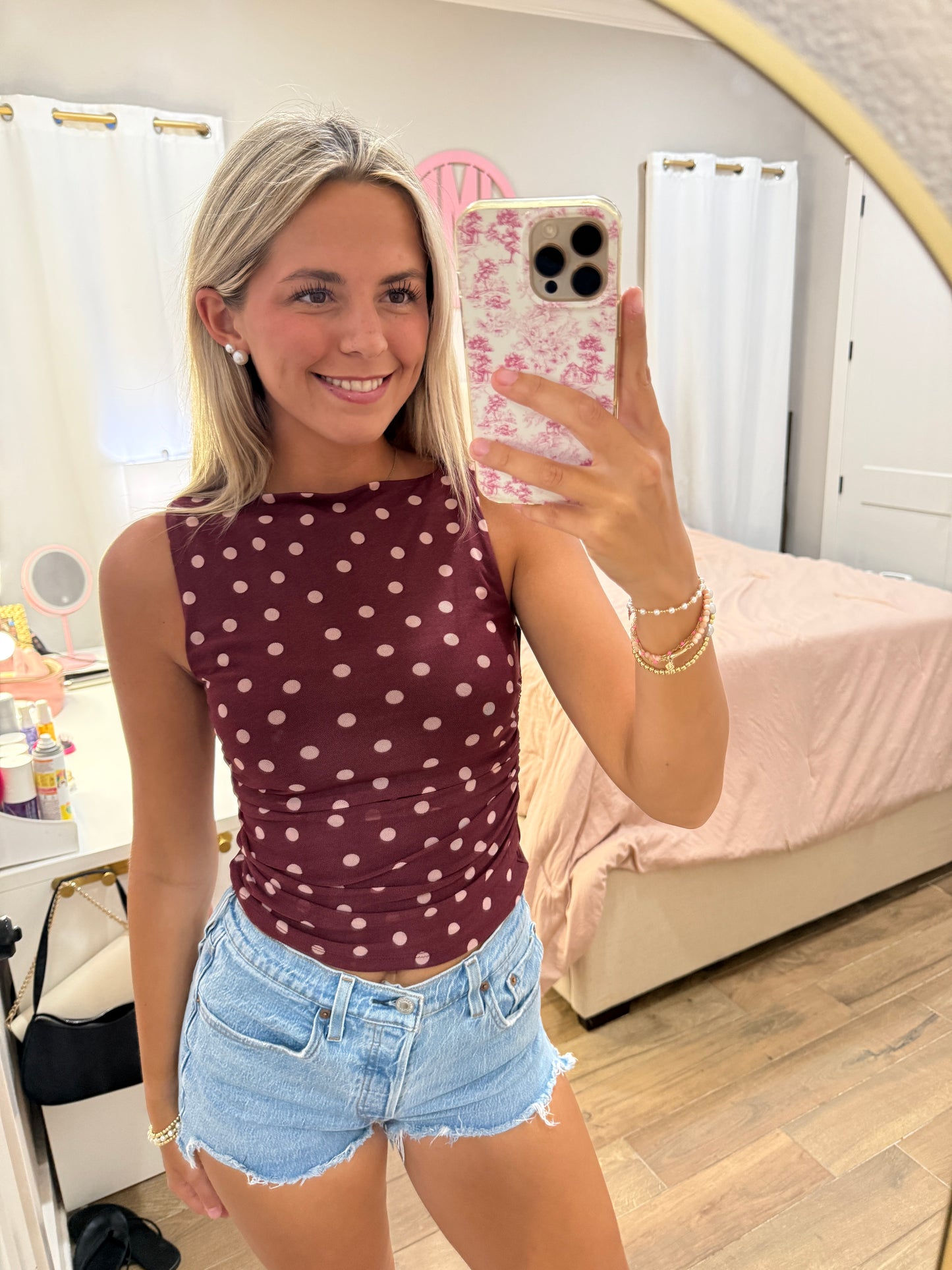 Maroon Dotted Sleeveless Top