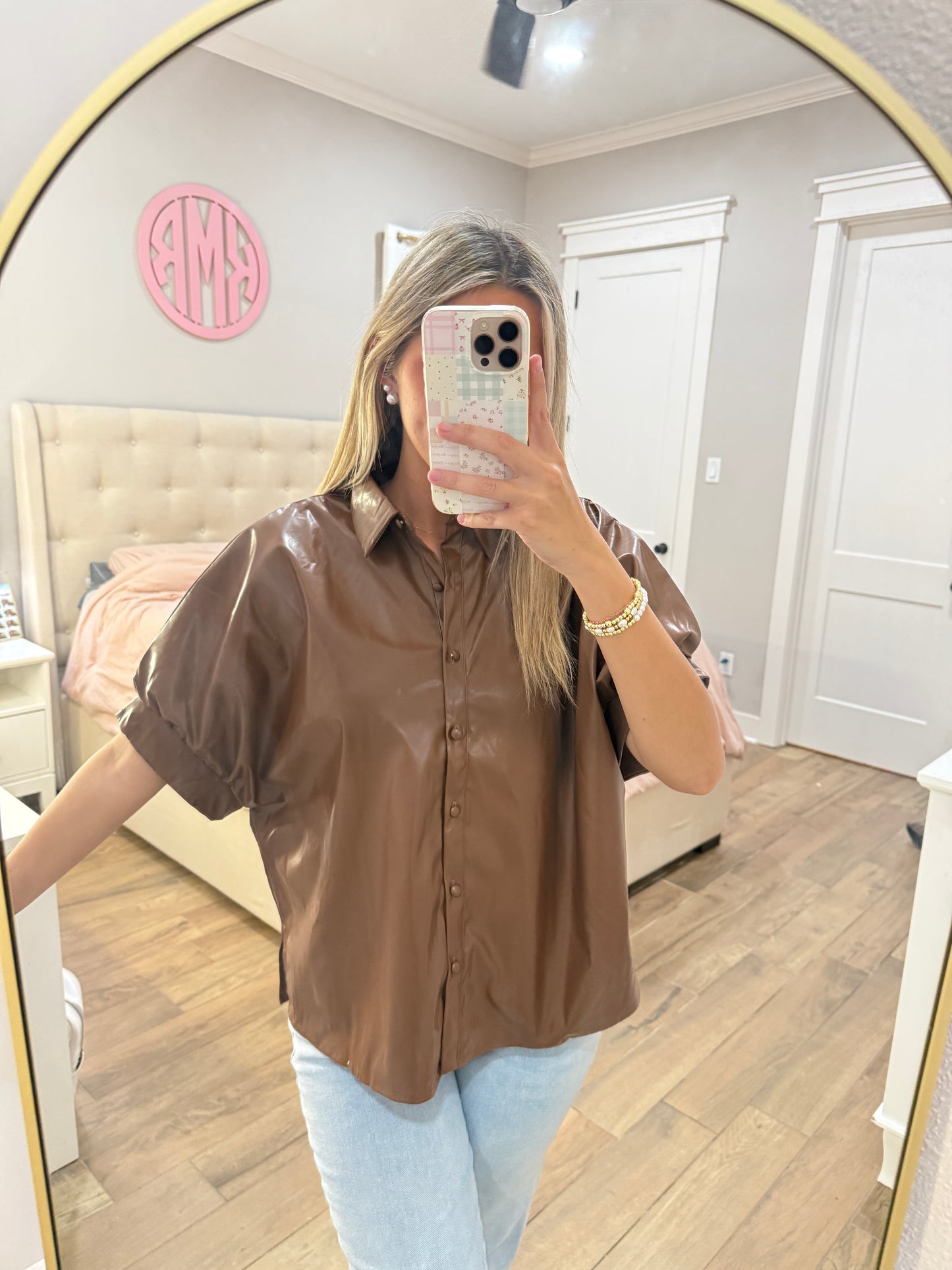 Faux Leather Button Down Shirt