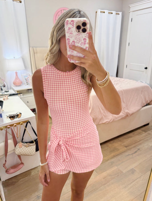 Pink Gingham Wrap Romper