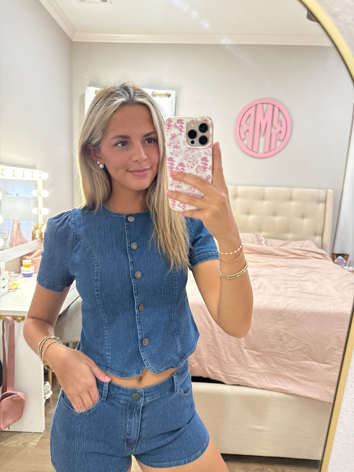 Denim Button Shorts Set