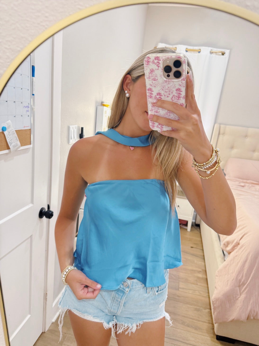 Blue Satin Scarf Neck Top