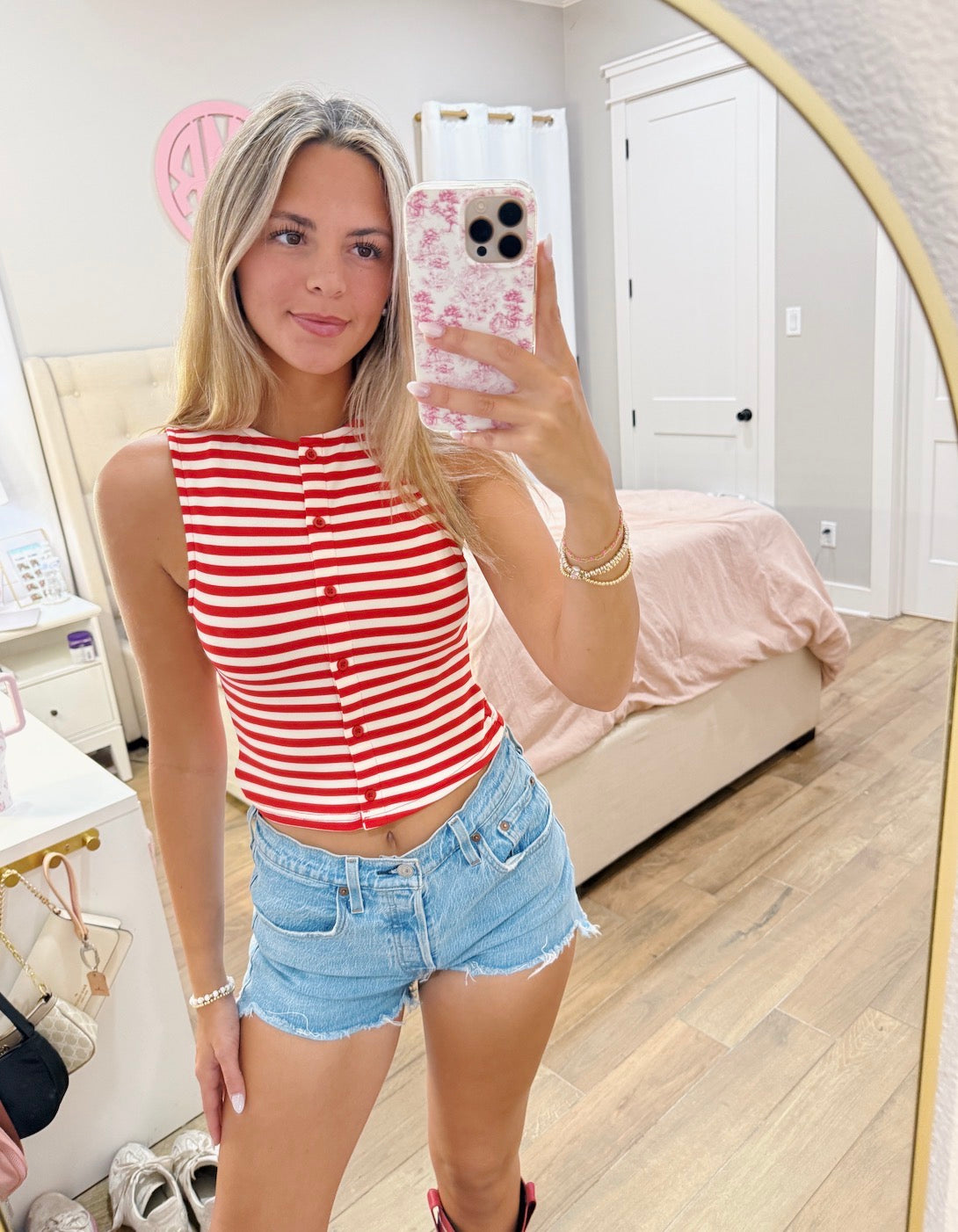 Red Stripe Button Tank