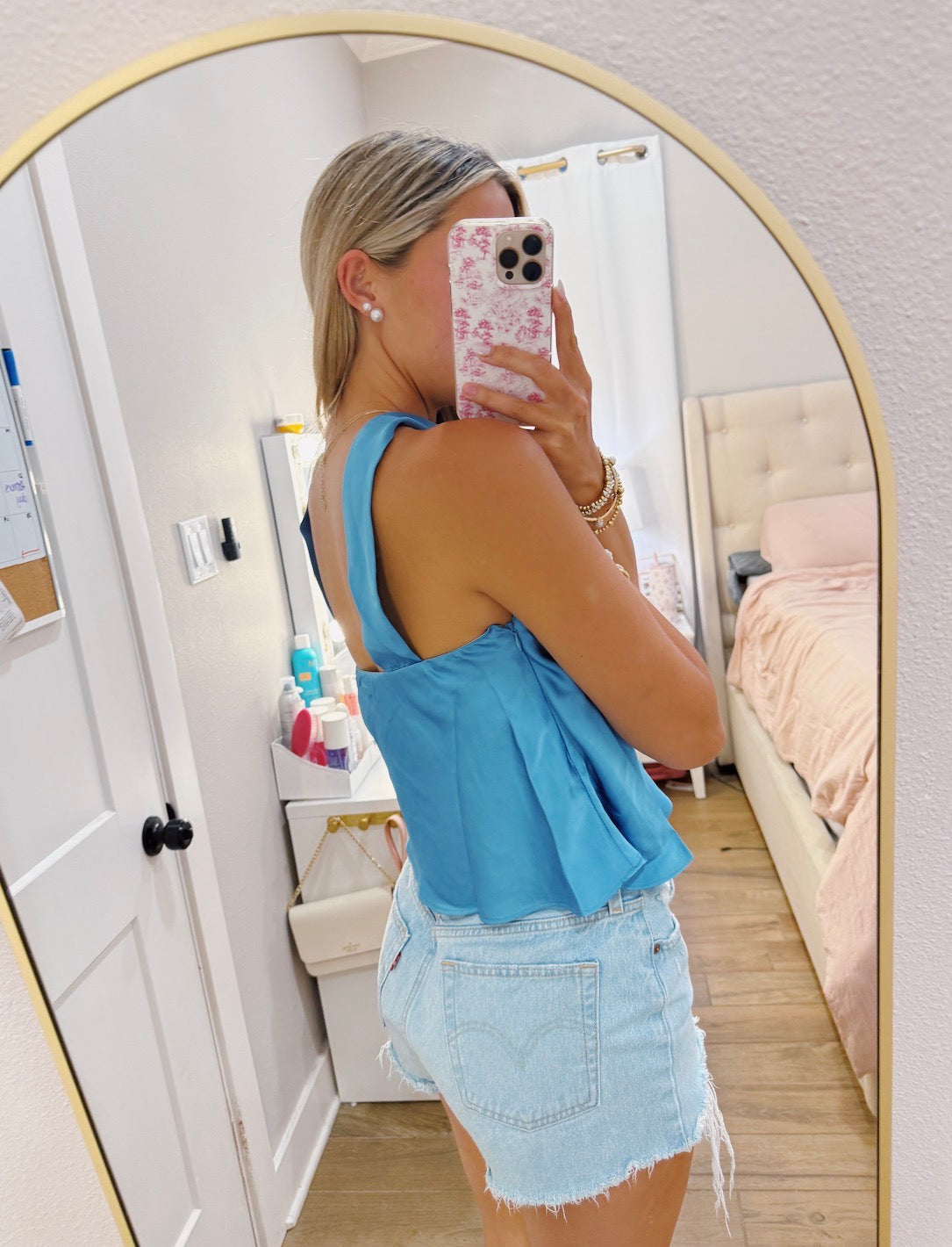Blue Satin Scarf Neck Top