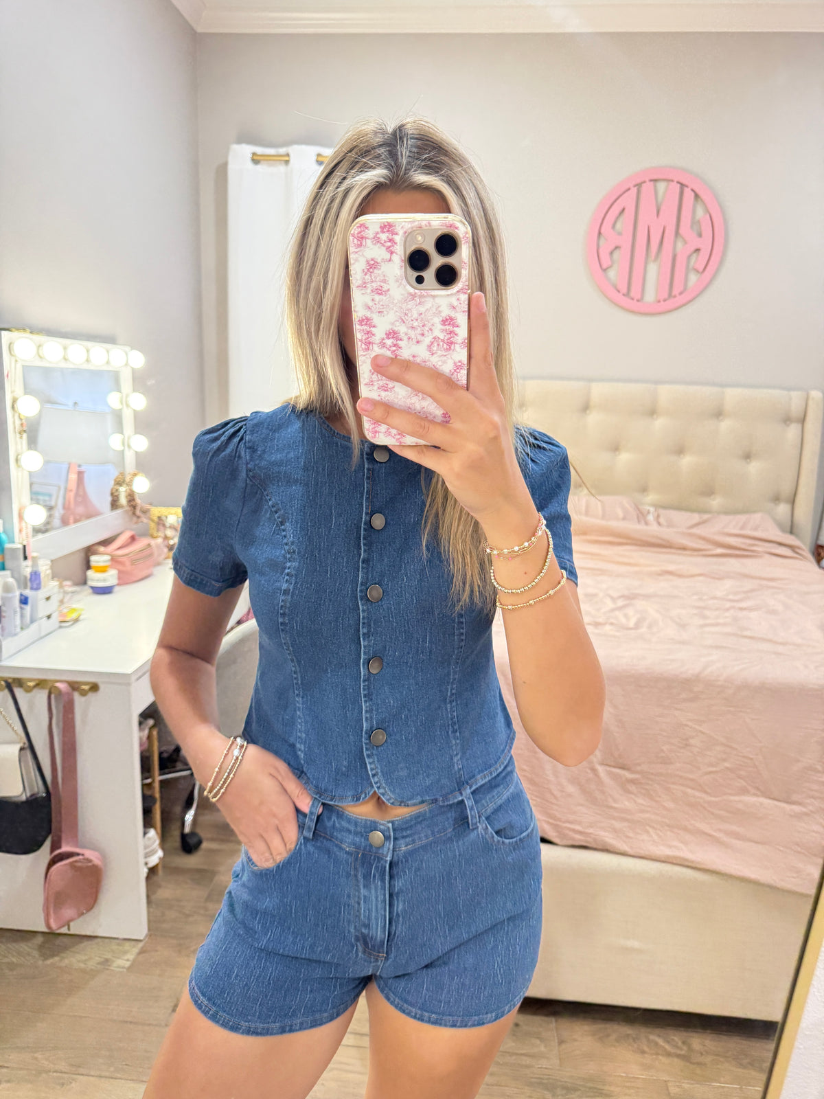 Denim Button Shorts Set
