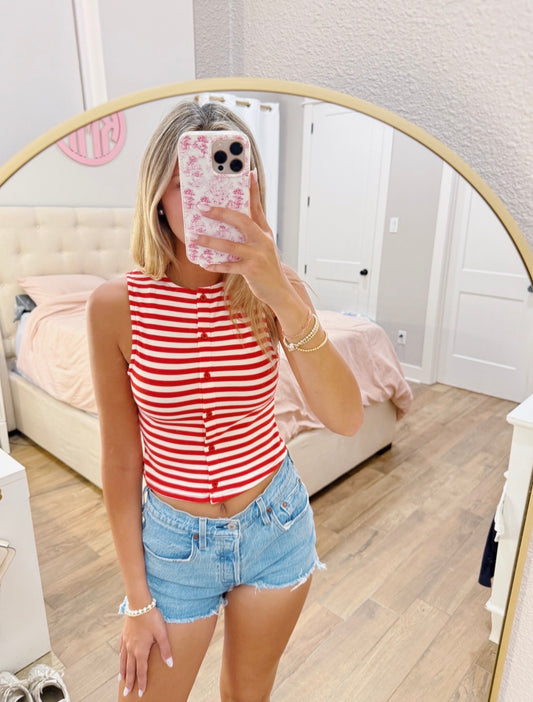 Red Stripe Button Tank