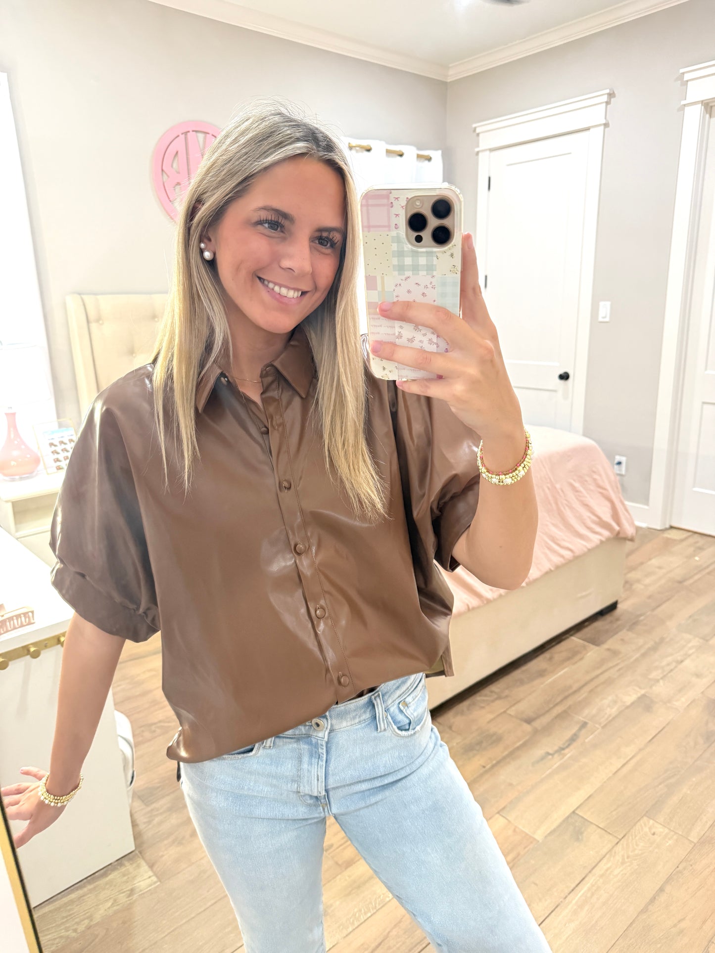 Faux Leather Button Down Shirt