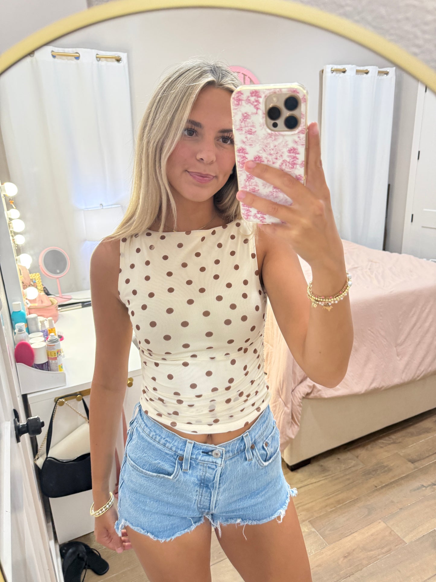 Cream Dotted Sleeveless Top