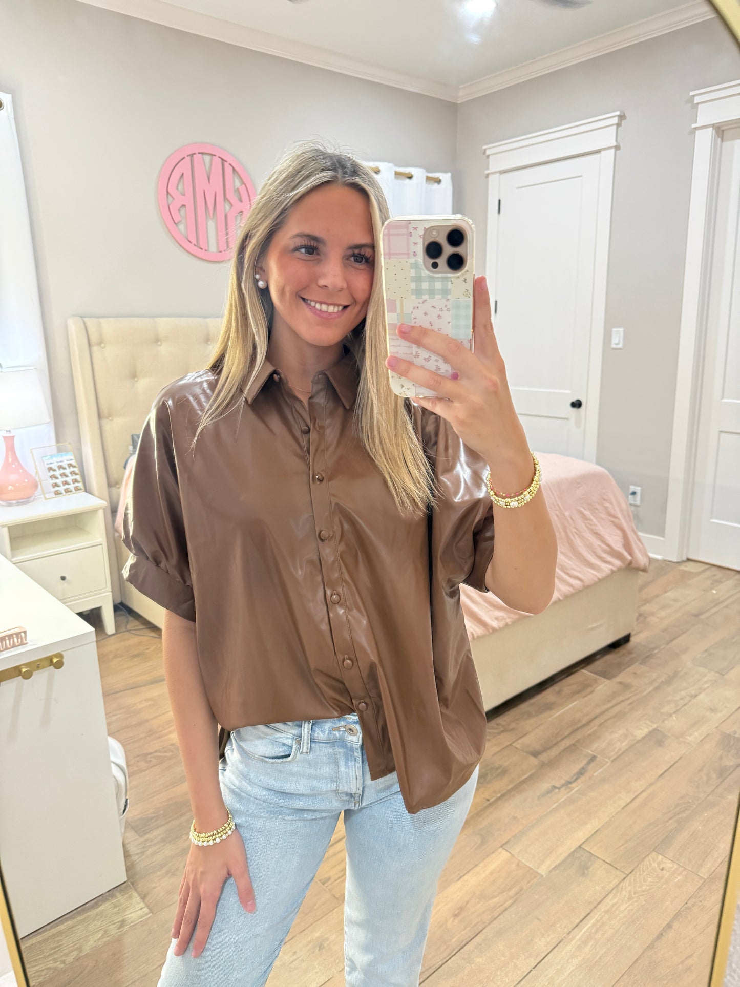 Faux Leather Button Down Shirt