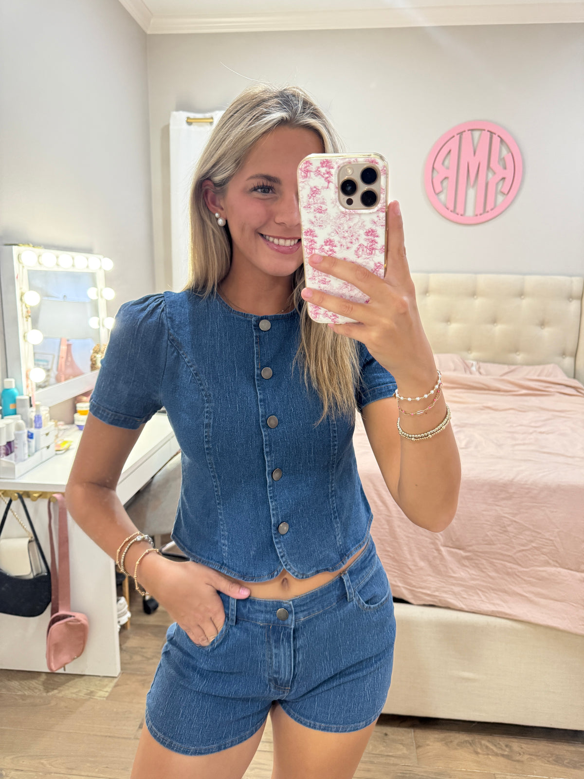 Denim Button Shorts Set