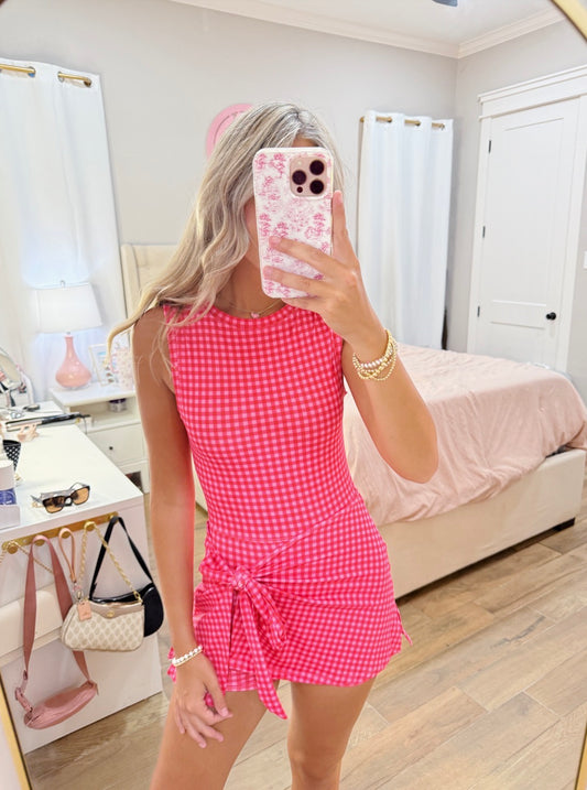 Hot Pink Gingham Wrap Romper