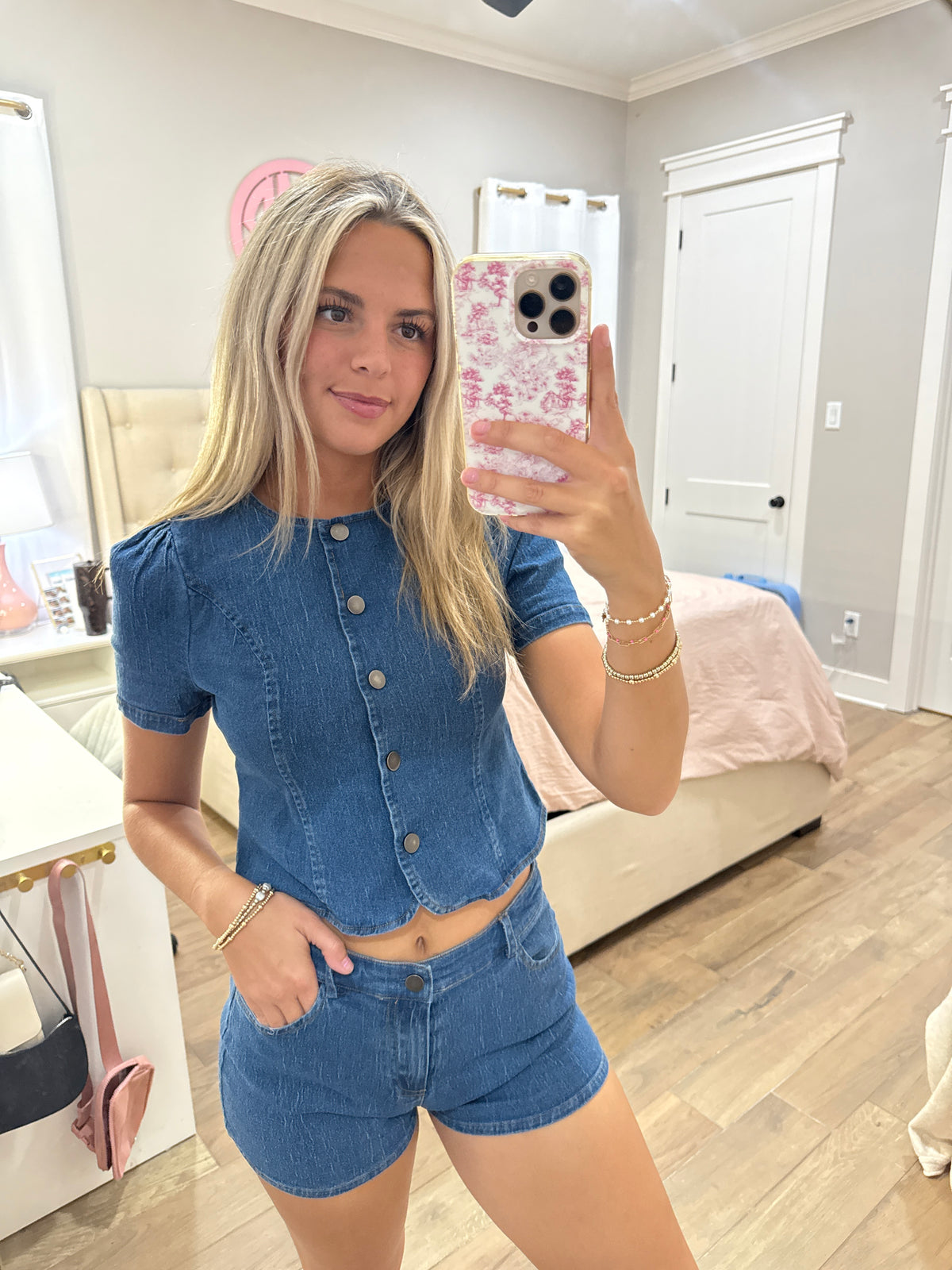 Denim Button Shorts Set