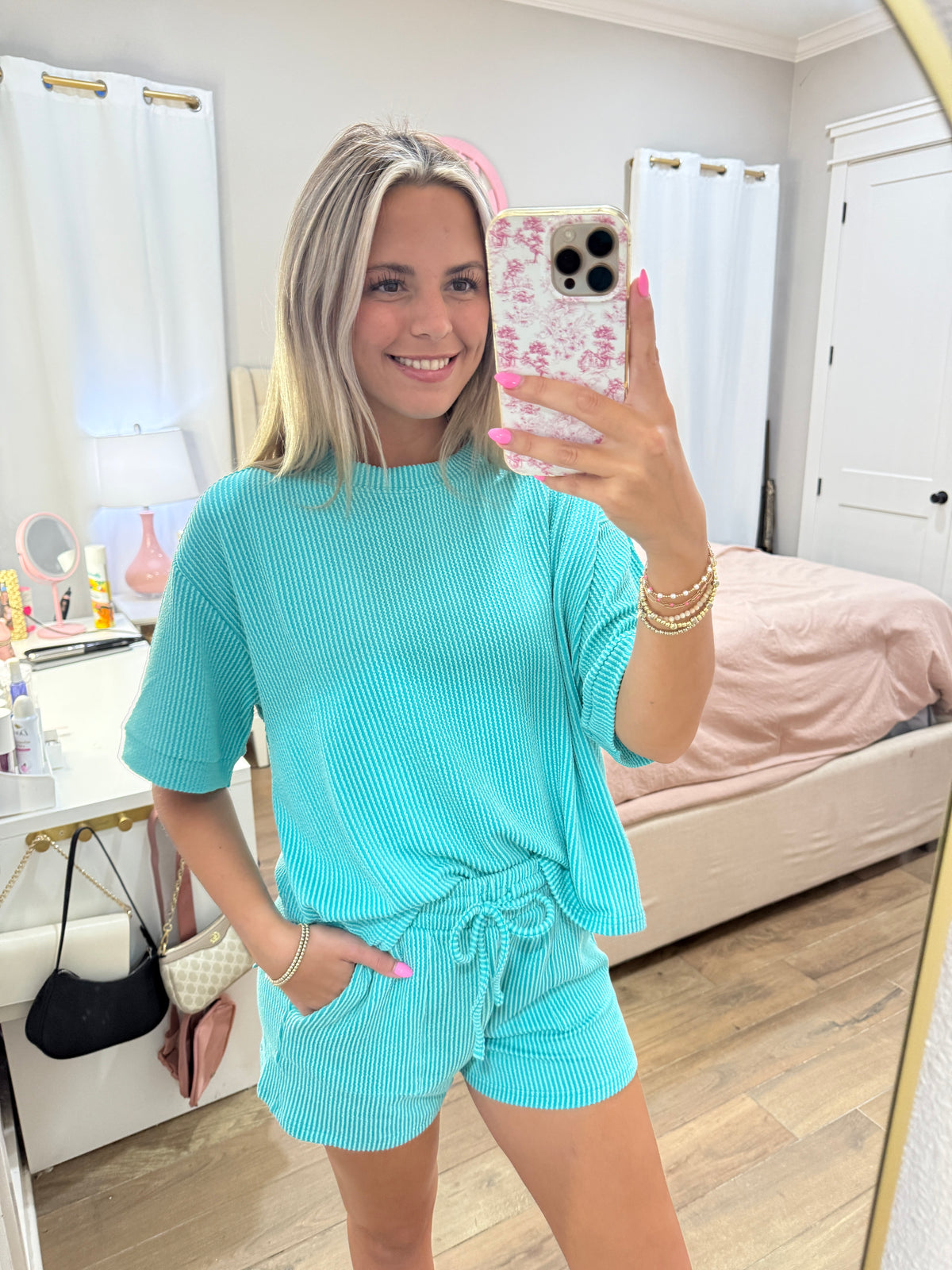 Minty Ribbed Short Set