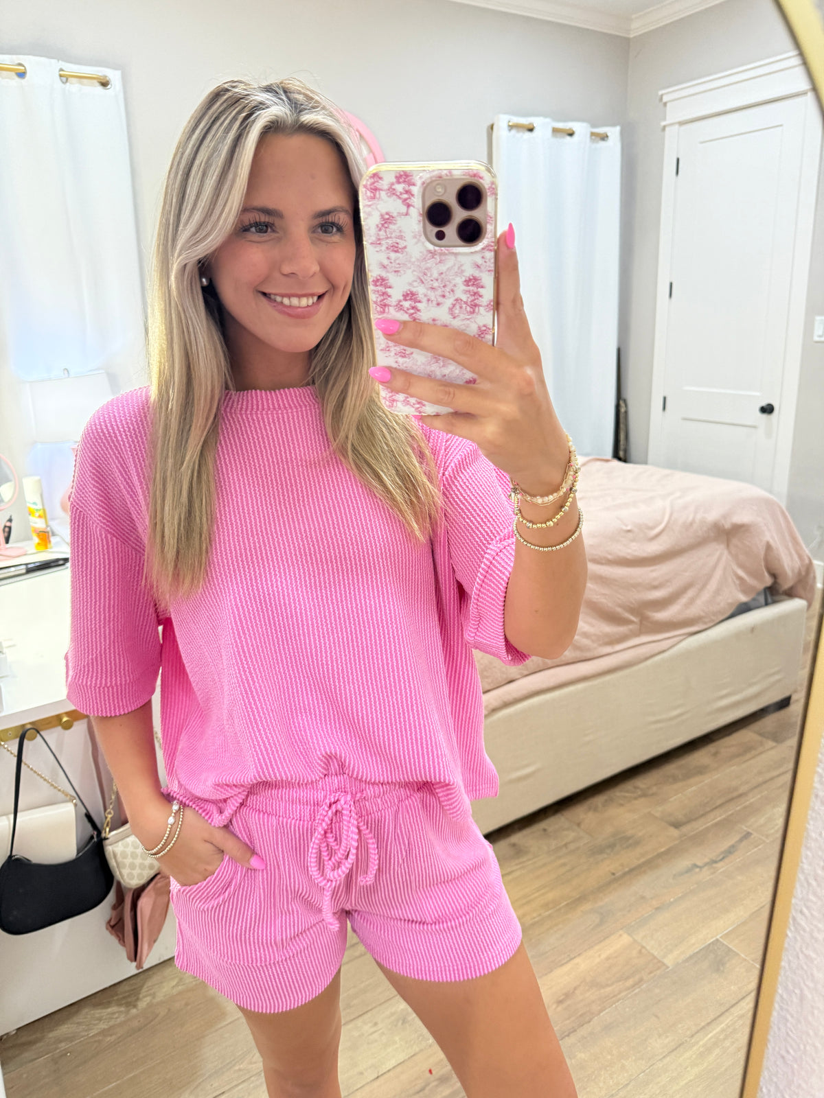 Candy Pink Ribbed Short Set