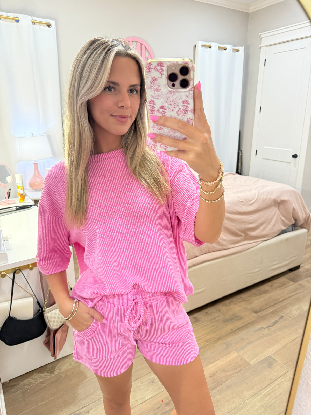 Candy Pink Ribbed Short Set